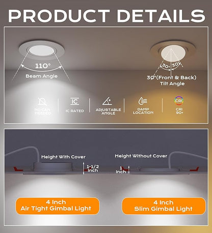 CLOUDY BAY [4-Pack] 4 inch 5 Color Swivel LED Gimbal Recessed Light with Junction Box, IC Rated Air Tight, 120V CRI90+, 2700K/3000K/3500K/4000K/5000K Temperature Selectable,White