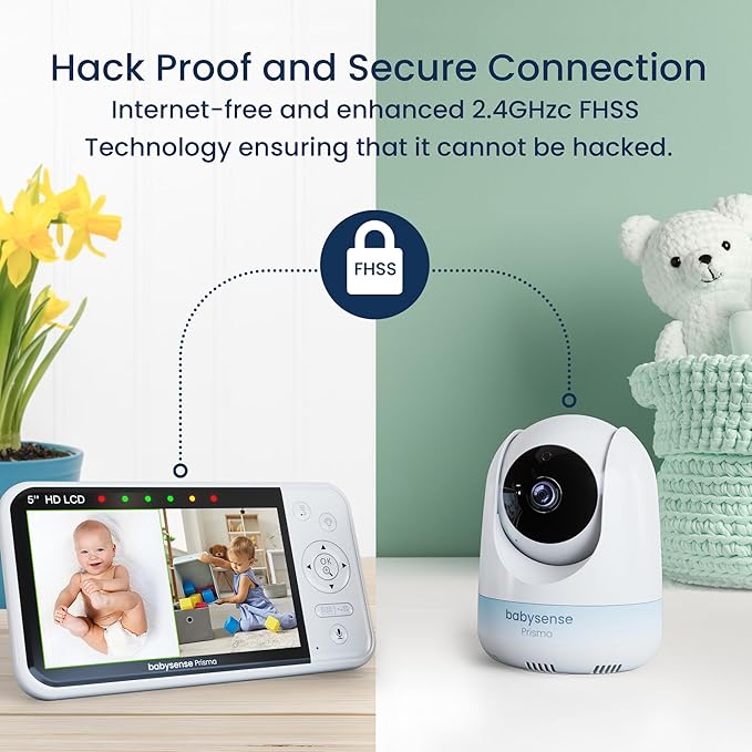 Babysense Prisma Baby Monitor with Camera and Audio, 5” HD Video Baby Monitor with 2 Cameras, 6-Color Night Light, Split Screen, Sound Machine with White Noise & Lullabies, Secure No WiFi