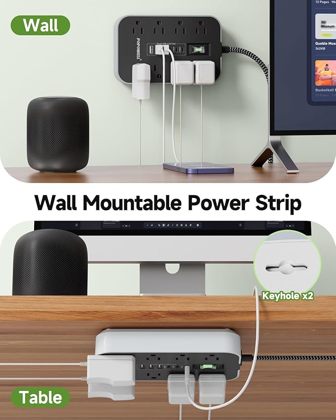 10 FT Extension Cord- Power Strip Surge Protector with 8 AC Outlet& 6 USB Ports(3 USB C) Charging Block, Ultra Thin Flat Extension Cord 10 Feet Wall Amount for Home, Office, Dorm Essentials.