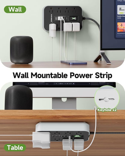 Appliance Power Strip- 14 Guage Heavy Duty Extension Cord, 24in, 8 AC Outlet& 6 USB Ports 4.8A USB Charging Station, 1080J, High Wattage for Microwave, Conditioner, Kitchen, Garage Essentials.