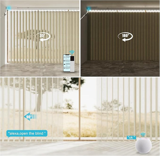 Motorized Sheer Vertical Blinds Work with Alex Google Home, Light Filtering Smart Vertical Blind Sliding Door Blinds Remote Control Blinds for Sliding Glass Door Customize(Embossed Beige)
