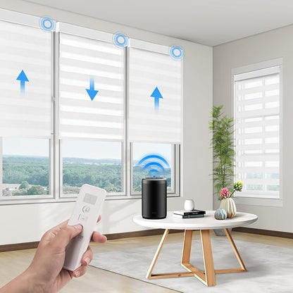 Motorized Zebra Blinds Dual Layer Window Shades Remote Roller Blinds with Alexa Google and Homekit Electric Horizontal Window Blindsfor Home Office Customized Size(60% Light Filtering - White)
