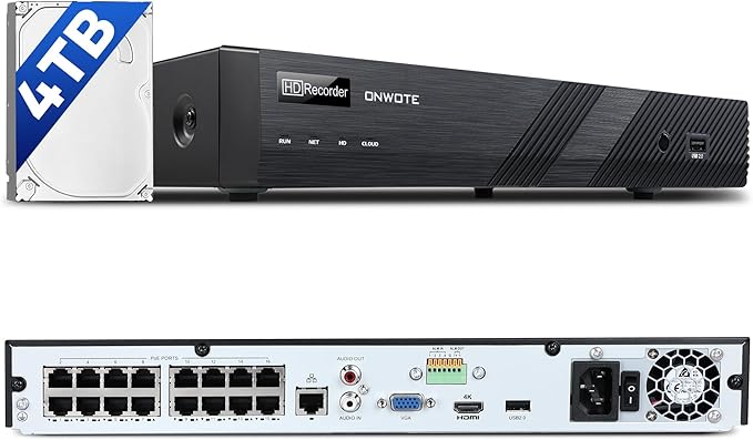 ONWOTE 12MP 16 Channel PoE NVR (Built-in 16 PoE Ports), 4TB HDD Included, Smart AcuSearch, Only Work with ONWOTE PoE IP Cameras, 16CH 6K 4K 8MP NVR Security Video Audio Recorder, 2 SATA Support 20TB