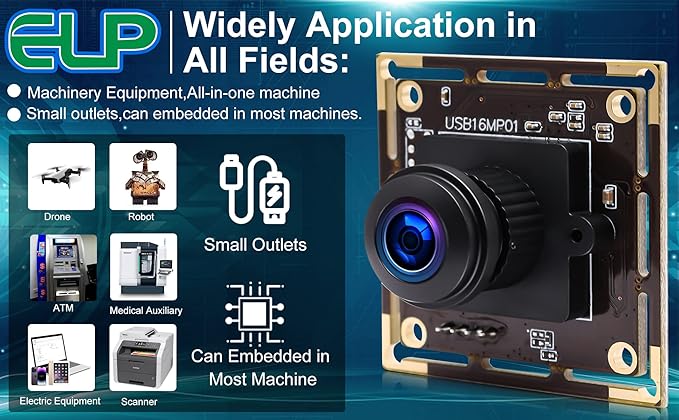 ELP 16mp Wide Angle USB Camera for Computer 180degree Fisheye Lens Webcam Board Mini UVC USB2.0 4K Video Lightburn Camera Module,with 3.3ft/1m Cable for Laptop, PC, Raspberry Pi, Jetson Nano