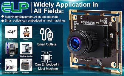 ELP 16mp Wide Angle USB Camera for Computer 180degree Fisheye Lens Webcam Board Mini UVC USB2.0 4K Video Lightburn Camera Module,with 3.3ft/1m Cable for Laptop, PC, Raspberry Pi, Jetson Nano