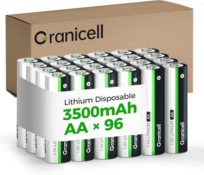 Granicell 96-Pack 3500mAh Lithium AA Batteries | 1.5V for Blink Cameras, Smart Locks, Alarms & Tech Devices | 10-Year Life, Leak-Proof, Extreme-Temp Resistant (Non-Rechargeable)