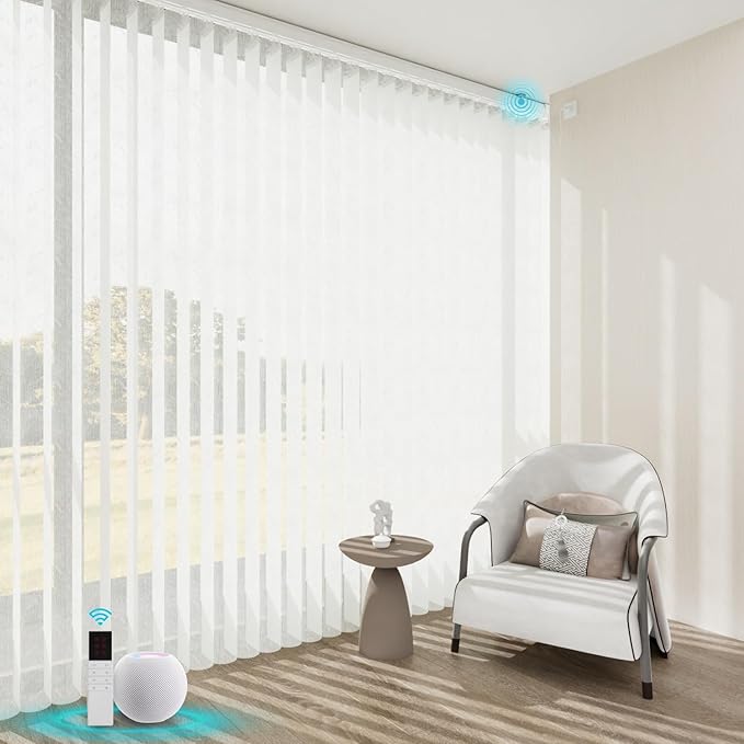 Motorized Sheer Vertical Blinds Work with Alex Google Home, Light Filtering Smart Vertical Blind Sliding Door Blinds Remote Control Blinds for Sliding Glass Door Customize(Jacquard White)