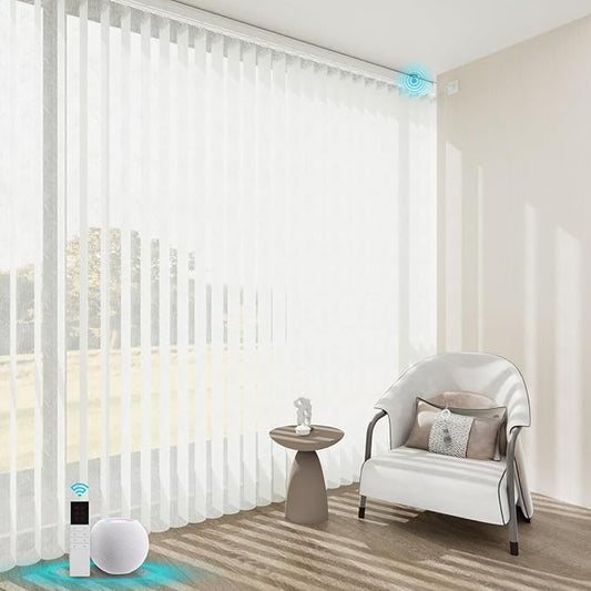 Motorized Sheer Vertical Blinds Work with Alex Google Home, Light Filtering Smart Vertical Blind Sliding Door Blinds Remote Control Blinds for Sliding Glass Door Customize(Jacquard White)