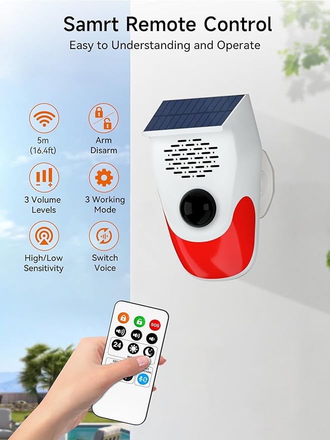 PILSAMAS Solar Motion Sensor Alarm with Custom Voice Upload - 120dB Loud Noise Maker & Strobe Lights, Remote Control, IP65 Waterproof for Deer/Bear Deterrent, Chicken Coop Security, Pool Safety Alerts