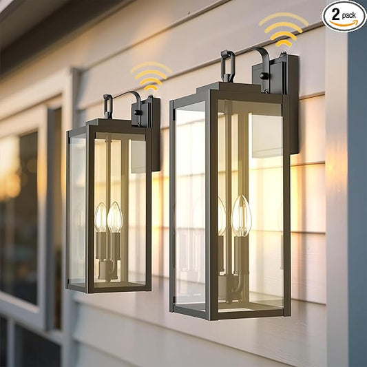 L LOHAS LED 18 Inch Dusk to Dawn Outdoor Wall Lights, 2-Light Black Outdoor Wall Sconce Lantern with Clear Glass Shade, Tall Transitional Exterior Light Fixtures for Porch, Garage, ETL Listed, 2 Pack