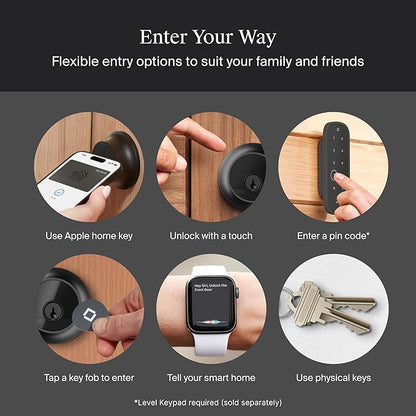 Level Lock Pro - World’s Smallest, Fastest, Innovative Smart Lock - Matter-Over-Thread Deadbolt Plus Apple Home Key - Keyless & Remote Access via Apple, Alexa, Google Home, SmartThings (Matte Black)