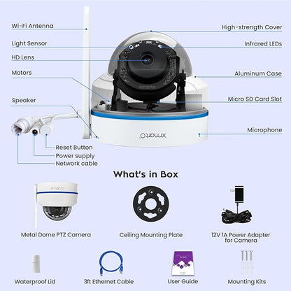 xmartO AI Tracking 2K HD Metal Dome PTZ Security Camera, WiFi 6 Dual Band Wireless, DPK3034 Ceiling Cam, 2-Way Audio, Night Vision, NVR Add-on/Standalone Use