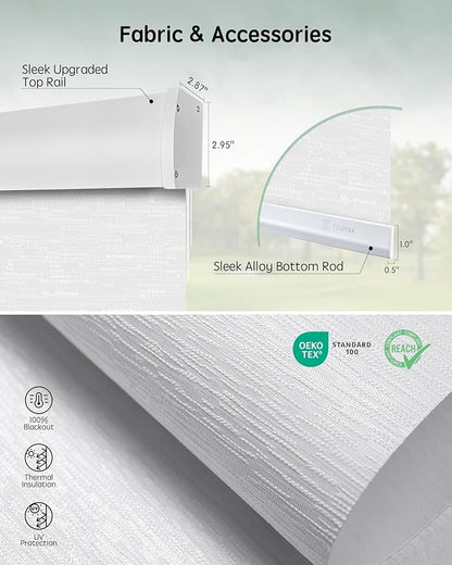 Yoolax Motorized Blinds with Remote, 100% Blackout Smart Blinds for Bedroom Home Office, Automatic Roller Window Shades Work with Alexa Voice Control, with Valance (Jacquard White, 40" W x 72" H)