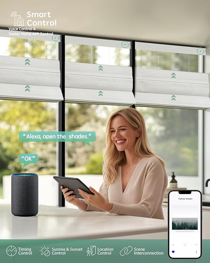 Yoolax Smart Top Down Bottom Up Roman Shades, Motorized Roman Shades with Remote, Blackout Smart Blinds Work with Alexa, Google Home, Apple Homekit for Living Room Bedroom, Customized (Foggy Thread)