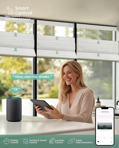 Yoolax Smart Top Down Bottom Up Roman Shades, Motorized Roman Shades with Remote, Blackout Smart Blinds Work with Alexa, Google Home, Apple Homekit for Living Room Bedroom, Customized (Foggy Thread)