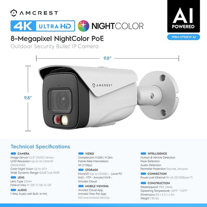 Amcrest UltraHD 4K (8MP) IP PoE AI Camera, FOV 129°, 49ft Color Nightvision, Security Outdoor Bullet Camera, Human & Vehicle Detection, Active Deterrent, 4K @15fps, IP8M-2796EW-AI (White)