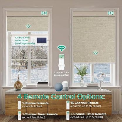 Motorized Roller Shades, 10O% Blackout Remote Control Custom Window Shades Compatible with Alexa Google Assistant via RF Hub, Rechargeable Electric Blinds for Windows (Texture Dark Coffee)