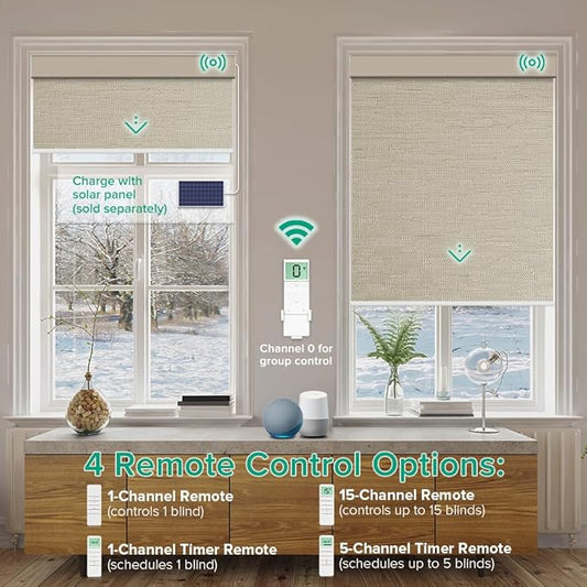 Motorized Roller Shades, 10O% Blackout Remote Control Custom Window Shades Compatible with Alexa Google Assistant via RF Hub, Rechargeable Electric Blinds for Windows (Texture Dark Coffee)