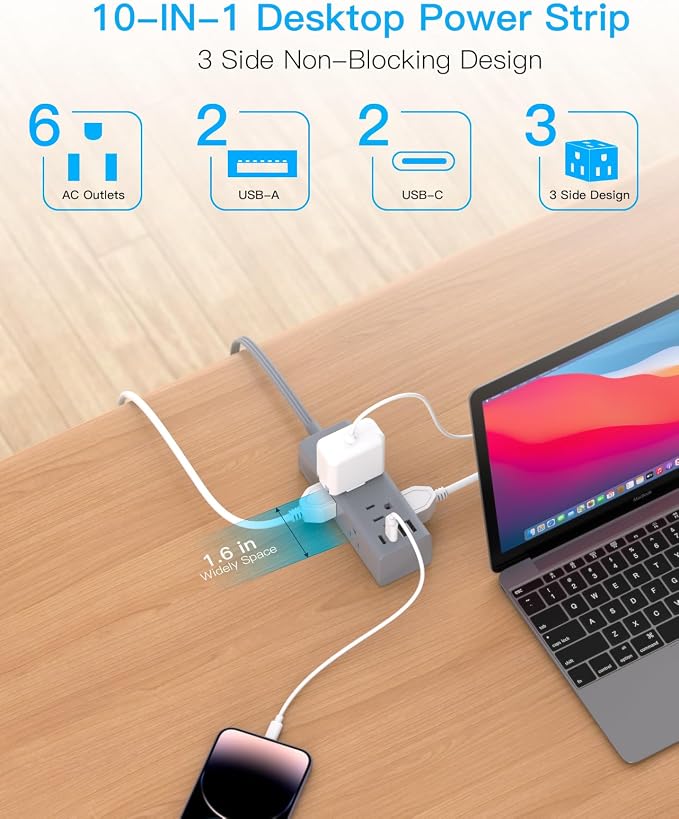 15Ft Extension Cord with Multiple Outlets, Flat Plug Power Strip Surge Protector with 15 Ft Long Cord, 6 Outlet 4 USB Ports (2 USB C), Multi Outlet Wall Plug for College, Dorm Room Essentials(Grey)