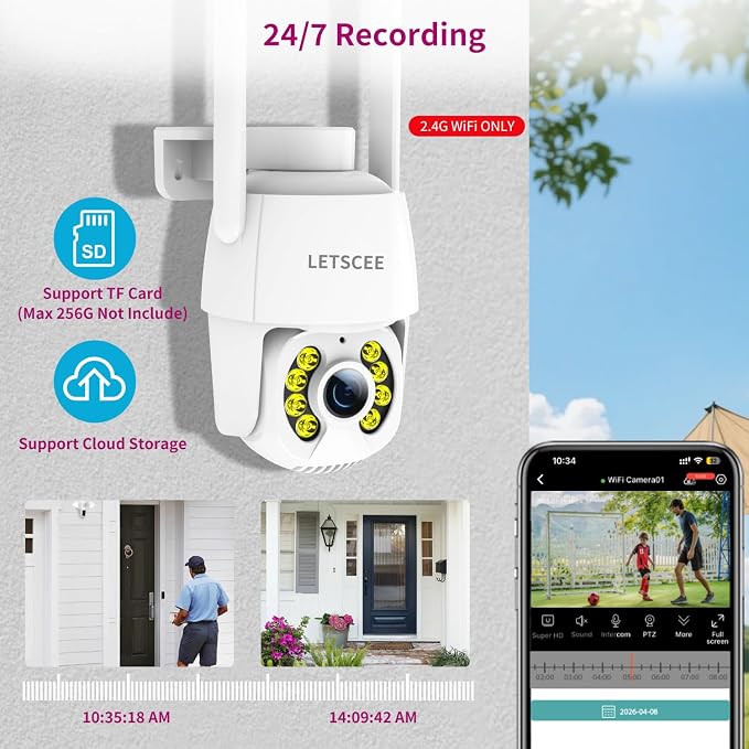 LETSCEE 4K 8MP Wired Outdoor Security Camera,Dual Power Options,Plug in,360° Pan 90° Tilt with Auto Tracking,Full Color Night Vision,2-Way Audio,Waterproof,24/7 Recording,2.4GHz WiFi Only