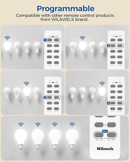 Remote Control Outlet with 4 Independent Control Sockets, WILAWELS Wireless Remote Light Switch for Christmas Tree Lights, String Lights, 15A/1875W/125V, FCC Certified, One Remote for 4 Plugs