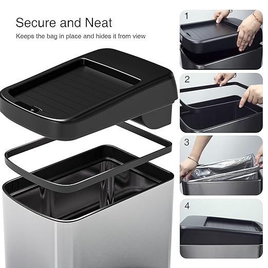 ELLO&ALLO 8 Gallon Touchless Motion Sensor Kitchen Trash Can with Roll Up Lid, Wheels, Brushed Stainless Steel