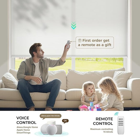 HeyBlinds Motorized Blinds with Remote, Smart Roller Shades with App & Voice Control, Work with Alexa Google HomeKit, Light Filtering Custom Window Shades for Living Room Office (Simply-Soft White LF)