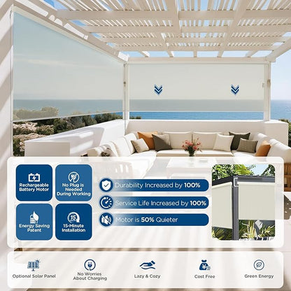 Motorized Outdoor Shades, Custom Patio Roller Blinds with Remote, Smart Exterior Sun Shades Compatible with Alexa, HomeKit, Google Home (5% Openness Beige)
