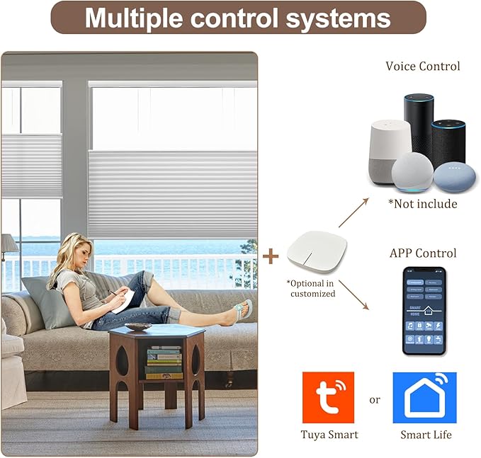 Godark Motorized TDBU Cellular Shades with Remote Control Smart Honeycomb Blinds Compatible with Alexa Google Home Smarthings Custom Double Cellular Light Filtering for Indoor Windows Doors-White