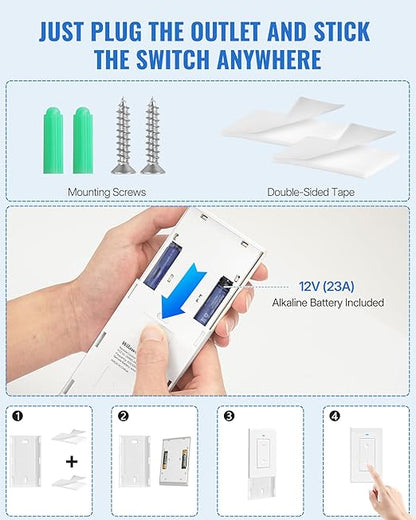 Remote Control Outlet Wireless Light Switch, Removable Remote Outlet Switch Kit for Lamps, Lights, Appliance, Expandable, 100ft RF Range, FCC Listed (1 Controller + 2 Outlets) W08RC1206