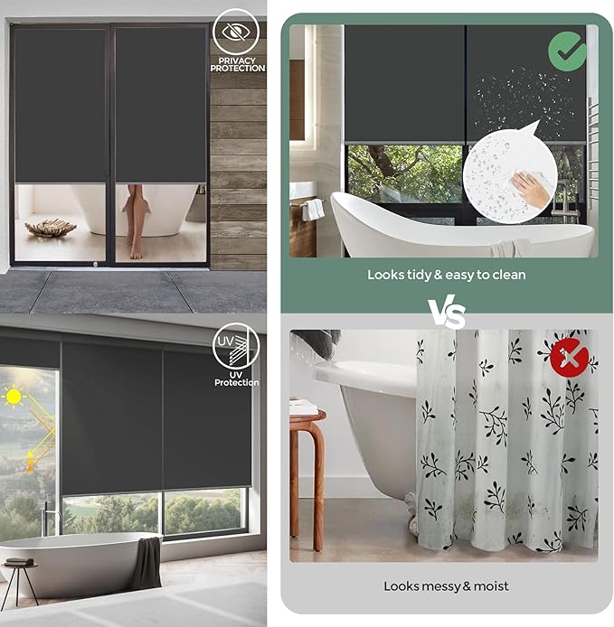 Yoolax Motorized Shower Roller Shades for Bathroom with Remote Control, Automatic Heavy Duty Thick Fabric Shower Curtain Compatible with Alexa, Blackout Battery Solar Powered Blind Custom (Dark Grey)