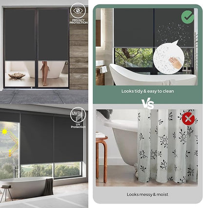 Yoolax Motorized Shower Roller Shades for Bathroom with Remote Control, Automatic Heavy Duty Thick Fabric Shower Curtain Compatible with Alexa, Blackout Battery Solar Powered Blind Custom (Dark Grey)