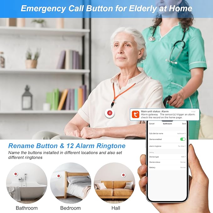 WiFi Rechargable Smart Wireless Caregiver Call Button Nurse Calling Life Emergency Alert System for Seniors Elderly Patient Disabled Kids 3 SOS Panic Buttons 1 Receiver (only Supports 2.4GHz Wi-Fi)