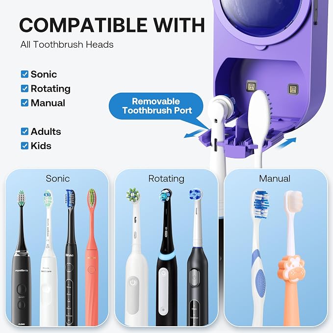 Bitvae Tooth Brush Holder for Bathroom Infrared Sensing | Toothbrush Cleaner, Wall-Mounted for Any Size Toothbrushes, Air Drying, LED Smart Screen, Purple