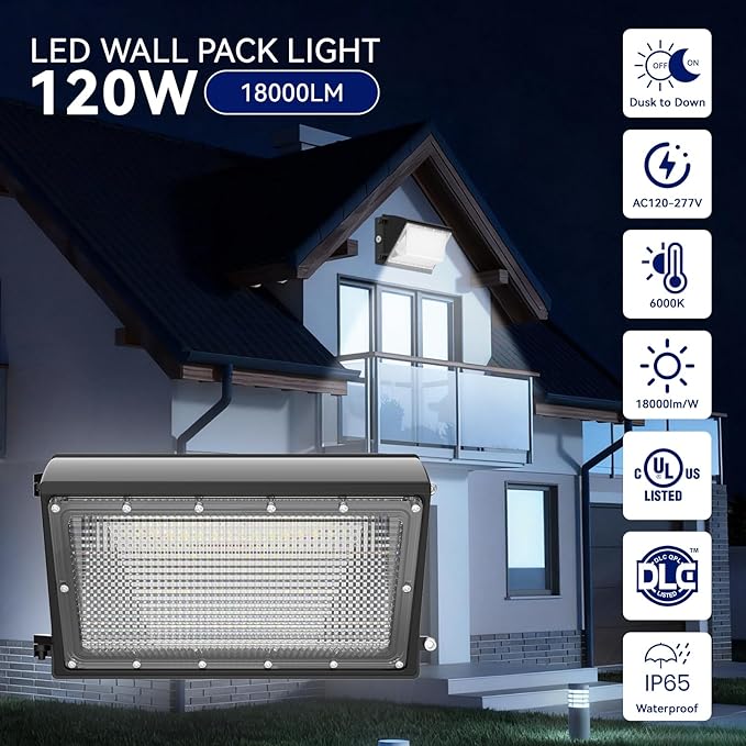 LED Wall Pack Light 120W, 18000LM 5000K Daylight, Outdoor Lighting with Dusk-to-Dawn Photocell, LED Wall Pack for Parking Lot, Warehouse, Yard, ETL Listed (120W - 1PACK)