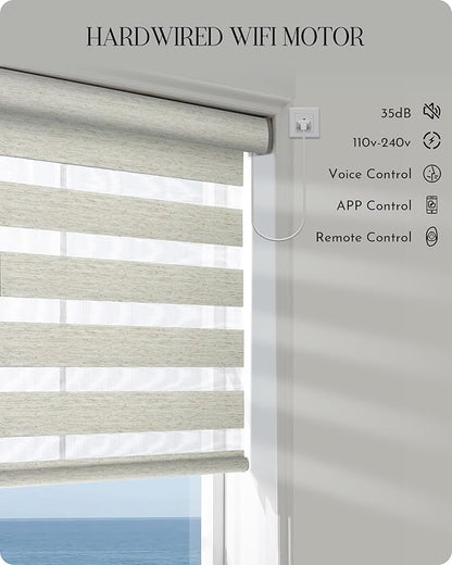 Graywind Motorized Zebra Blinds for Windows, Darkening Hardwired Smart Blinds with Remote Control, Dual Layer Custom Zebra Shades Work with Alexa, Google Home, Apple Homekit, Linen Weave Beige