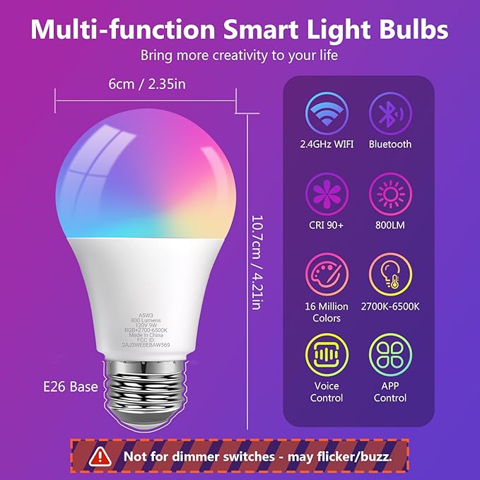 DAYBETTER Smart Light Bulbs, Smart Bulb Compatible with Alexa & Google Home, A19 E26 2.4G WiFi Bluetooth Alexa Light Bulbs, RGBCW Color Changing LED Light Bulb, 60W Equivalent, 800LM, 10Pack