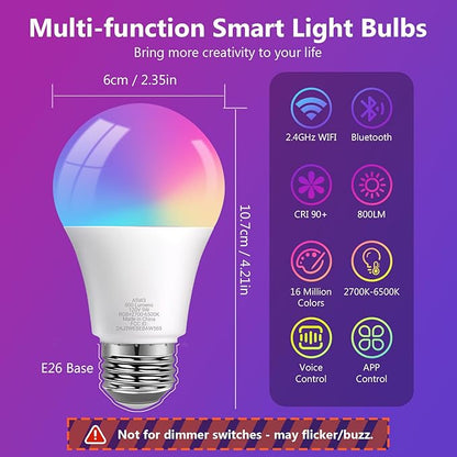 DAYBETTER Smart Light Bulbs, Smart Bulb Compatible with Alexa & Google Home, A19 E26 2.4G WiFi Bluetooth Alexa Light Bulbs, RGBCW Color Changing LED Light Bulb, 60W Equivalent, 800LM, 2Pack