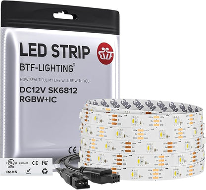 BTF-LIGHTING RGB+Natural White SK6812 LED Strip 16.4FT 150LED IP30 DC12V | RGBW Individually Addressable UL Listed 4 Colors in 1 Light (Similar WS2812B) White PCB(No Adapter or Controller)