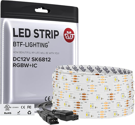 BTF-LIGHTING RGB+Natural White SK6812 LED Strip 16.4FT 150LED IP30 DC12V | RGBW Individually Addressable UL Listed 4 Colors in 1 Light (Similar WS2812B) White PCB(No Adapter or Controller)