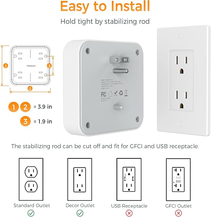 TESSAN Multi Plug Outlet Extender 4 Outlet Splitter | 3 USB Wall Charging Ports (2 USB C), Wide Spaced Multiple Expander Surge Protector for Office, Home, College Dorm Room, Gray