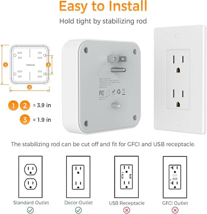 TESSAN Multi Plug Outlet Extender 4 Outlet Splitter | 3 USB Wall Charging Ports (2 USB C), Wide Spaced Multiple Expander Surge Protector for Office, Home, College Dorm Room, Gray