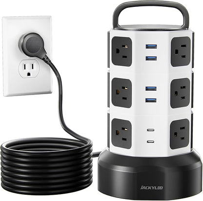 Power Strip Tower Surge Protector, JACKYLED 1625W 13A Outlet Surge Electric Tower, 12 Outlets 6 USB Ports Charging Station with 16AWG 15ft Heavy Duty Extension Cord for Home Office Dorm