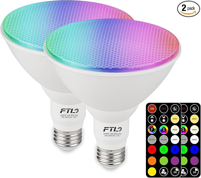FTL PAR38 LED Color Changing Flood Light Bulb with Remote Control, Dimmable RGB Colored Light Bulbs 14W=100W, 30 Colors, Timer, 2700K-6000K, Outdoor Spotlight Bulbs for Recessed Can Lighting 2-Pack