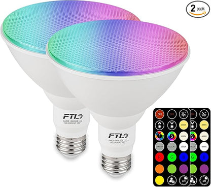 FTL PAR38 LED Color Changing Flood Light Bulb with Remote Control, Dimmable RGB Colored Light Bulbs 14W=100W, 30 Colors, Timer, 2700K-6000K, Outdoor Spotlight Bulbs for Recessed Can Lighting 2-Pack