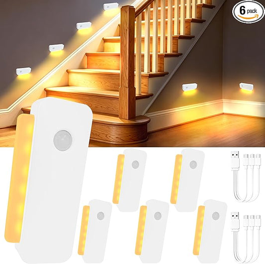 ROOKIELEDS Smart Sync Motion Sensor Night Light, Rechargeable Stair Lights with Multi-Light Linkage, Portable Nightlight for Stairs, Hallways, Garages, Bedrooms (6 Pack)