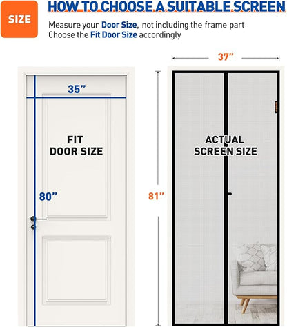 MAGZO Magnetic Screen Door Fit Door Size 35 x 80 Inch, Screen Size 37" x 81" Strong Magnets Door Mesh, Reinforced Fiberglass Net for Net for Patio and Front Entrances, Gray