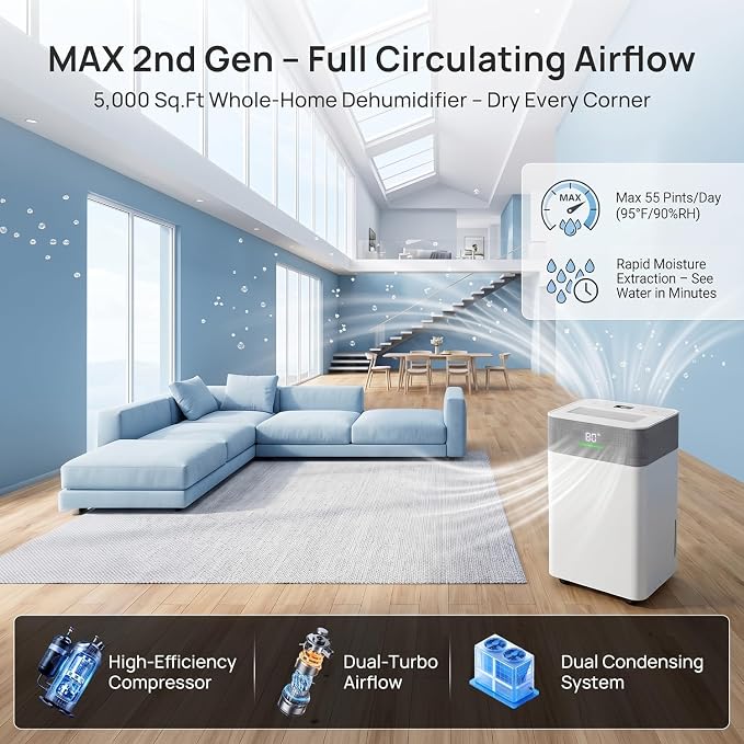 Uthfy 5000Sq.Ft Dehumidifier for Basement with Drain Hose,Large Quiet Smart Compressor Dehumidifiers for Home/Bedroom/Bathroom,Reusable Filter,Dual-Screen,Child Lock,Intelligent Humidistat,24H Timer