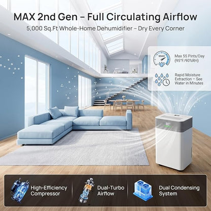 Uthfy 5000Sq.Ft Dehumidifier for Basement with Drain Hose,Large Quiet Smart Compressor Dehumidifiers for Home/Bedroom/Bathroom,Reusable Filter,Dual-Screen,Child Lock,Intelligent Humidistat,24H Timer