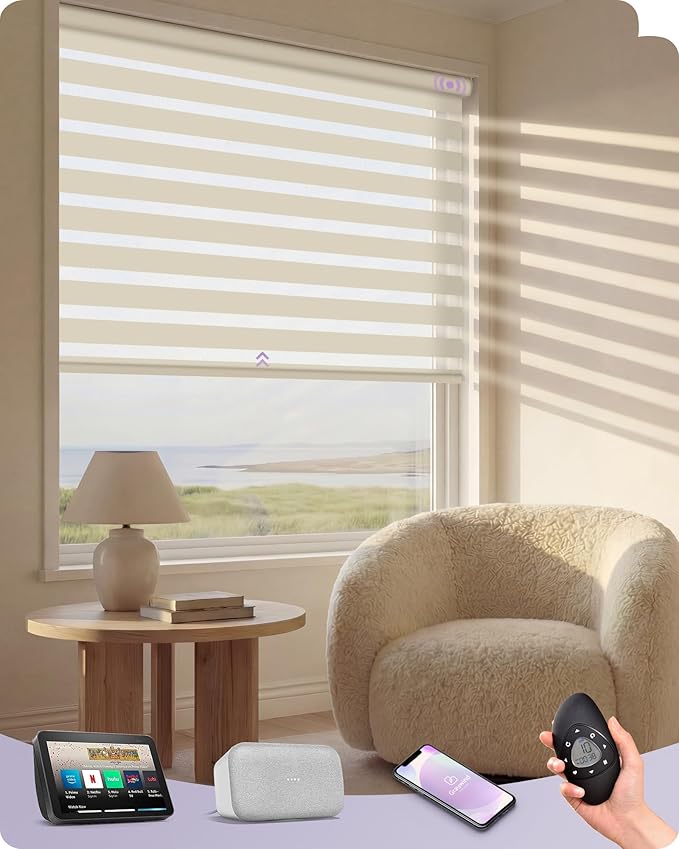 Graywind Motorized Zebra Sheer Blinds Compatible with Alexa Google Light Filtering Remote Horizontal Roller Blinds with Valance for Smart Home Office, Custom Size (Wool-Like Beige)